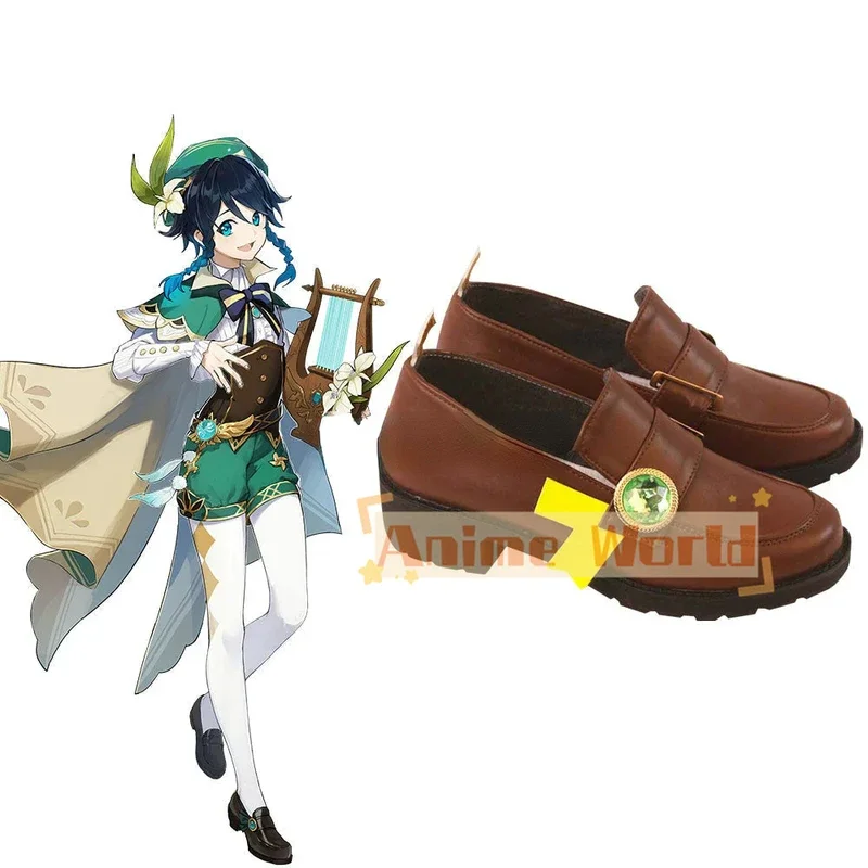 Genshin Impact Venti Marrone Scarpe Cosplay Stivali di Carnevale di Halloween Realizzati su misura