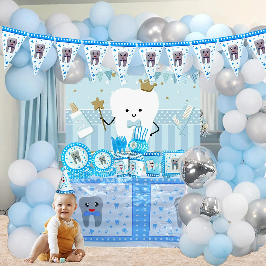 

Blue My First Tooth Theme Baby Puzzle Enlightenment Party Decoration Disposable Tableware Banner Plates Cup Boy Baby Shower Gift