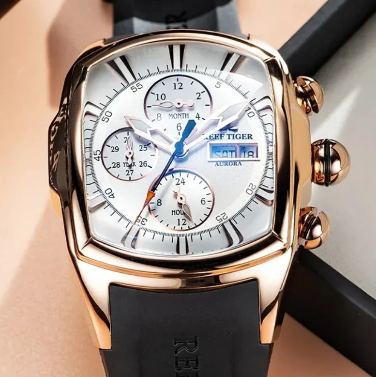 

Reef Tiger Мужские автоматические часы 48,6 мм Спортивные механические наручные часы Tonneau Корпус Светящийся мультициферблат с сапфировым стеклом Месяц Weel Date