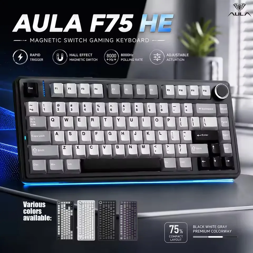 AULA F75HE Mechanical Keyboard Magnetic Switch 75% 80 Keycaps 8K Polling Rate Tri-mode RGB Hot Swap F75 Wireless Gaming Keyboard
