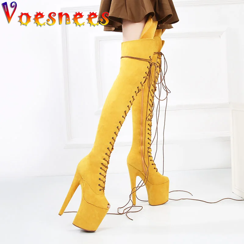 20CM Suede Nightclub Sexy Over-the-Knee Boots Model Catwalk Show Side Zip Peep Toe Shoes Women\'s Platform Pole Dance High Heels