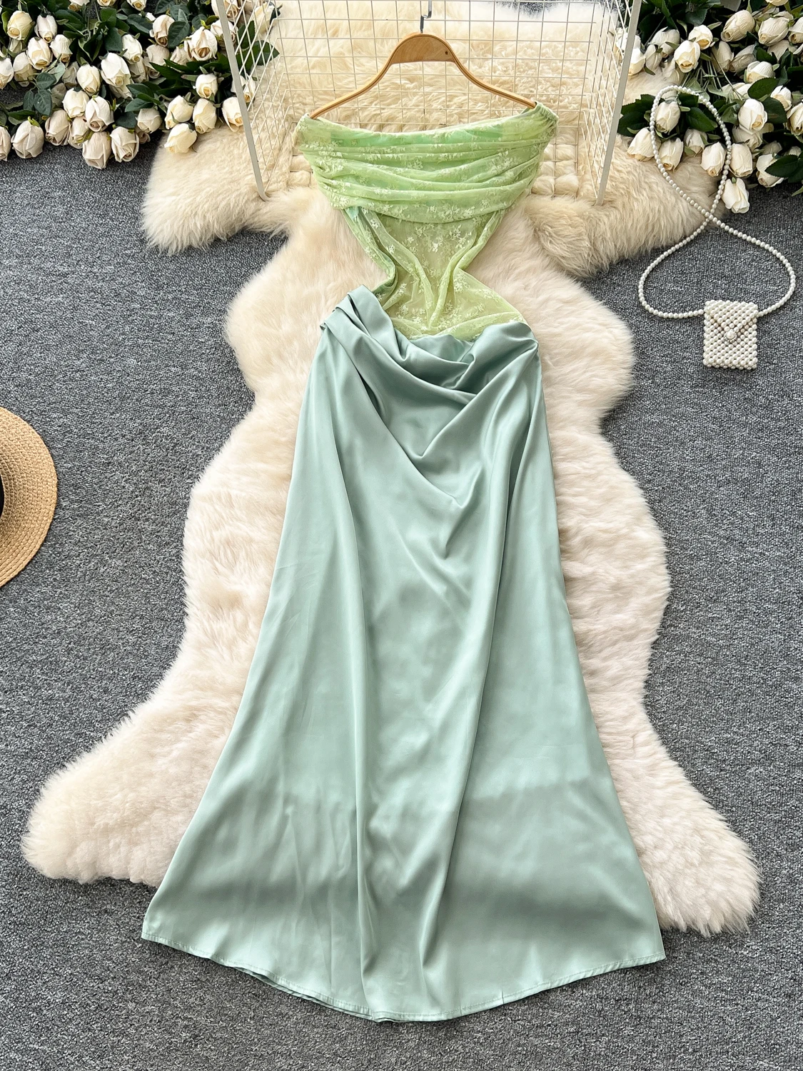 Pure Desire Girl One oulder Dr Summer Me Slim Fit Satin Feel Splice Design Ele Long Dr Korean Sle عالي الخصر... #4