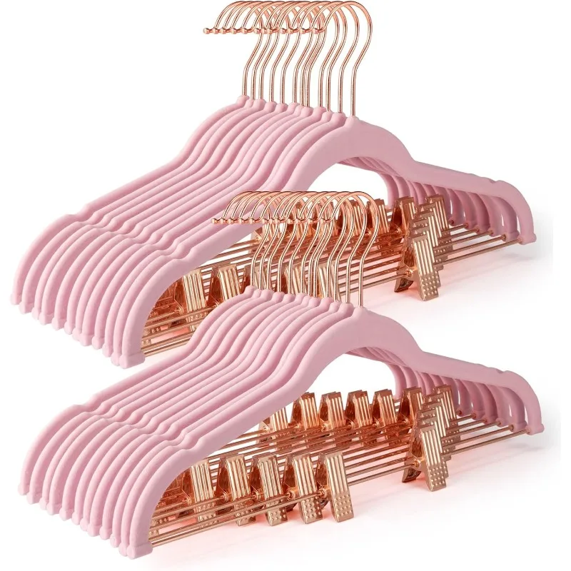 Velvet Skirt Hangers 24 Pack, Non Slip Velvet Pants Hangers with Rose Gold Clips, Ultra Thin Velvet Hangers Space Saving