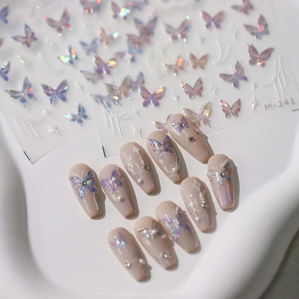 Pink Purple Butterfly Nail Stickers White Stars Manicure Ornaments Bronzing Butterfly Nail Decals Nail Accessories