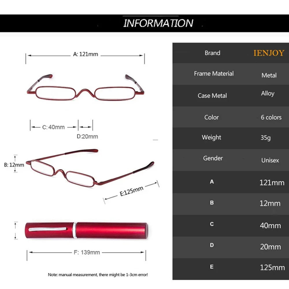 IENJOY Small Reading Glasses With Metal Case Men Women Reading Glasses Mini Portable Pen Presbyopic Glasses 2.0 1.0 1.5 2.5