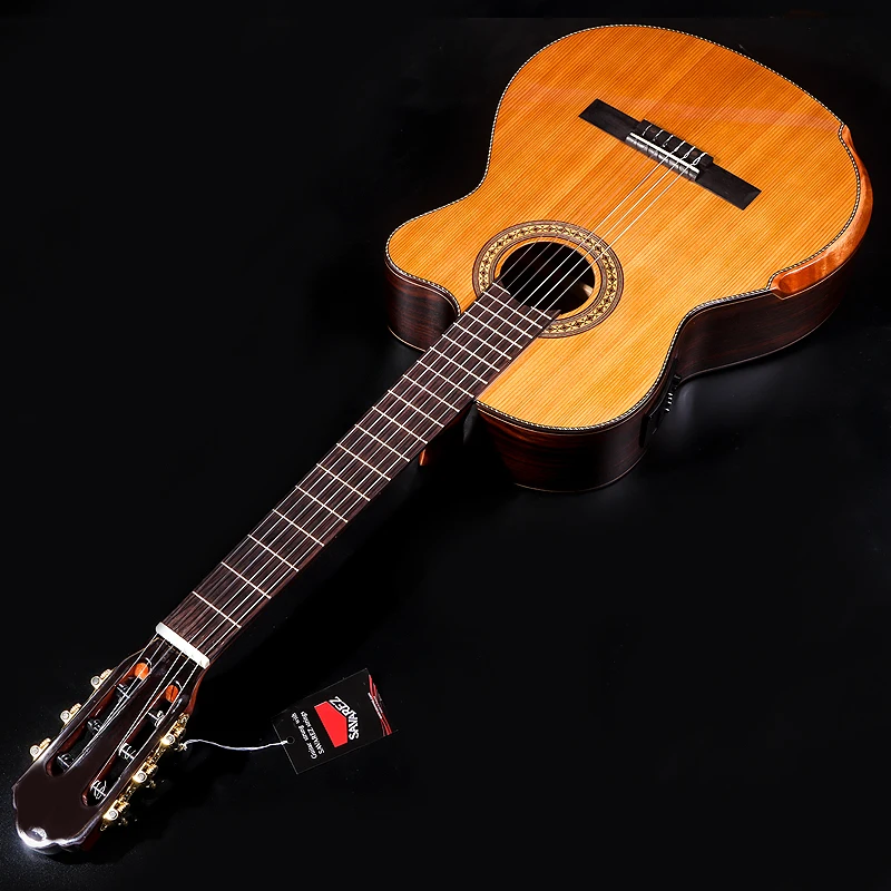 39 Inch High Gloss Solid Red Cedar Classic Electric Guitar 6 String 19F Classical Guitar Natural Clolor with Armrest Bone Nut