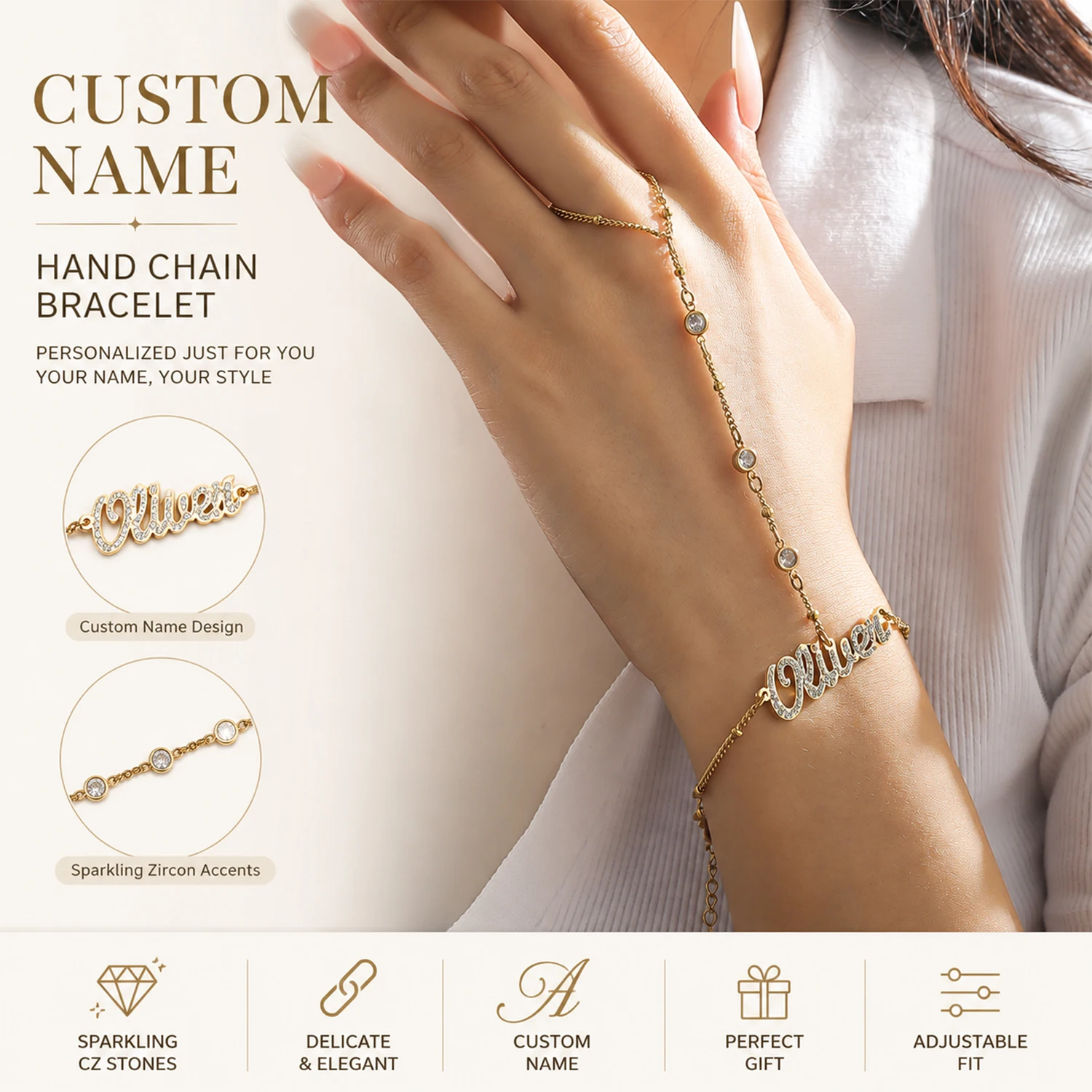 Custom Name Hand Chain Stainless Steel CZ Zircon Finger Bracelet Personalized Script Letter Slave Bracelet for Women Girls Gifts