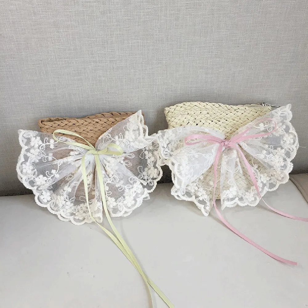 جميل الحلو Bowknot القش قبعة الشمس الشريط الدانتيل حافة الفتيات قبعة بحافة تنفس المضادة للأشعة فوق البنفسجية المنسوجة حقيبة يد الشاطئ