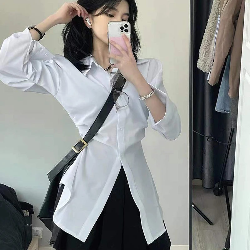 Y2k Women White Shirts Korean Sweet Slim Folds Long Sleeve Female Casual Blouse Fashion New All Match Chic Office Ladies Tops