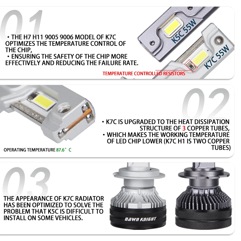 DAWNKNIGHT 차량용 LED 헤드라이트 전구, K7C 4300K H7 H4 H11 LED 램프, 3 구리 튜브, H1 HB3 9005 HB4 9006 12V