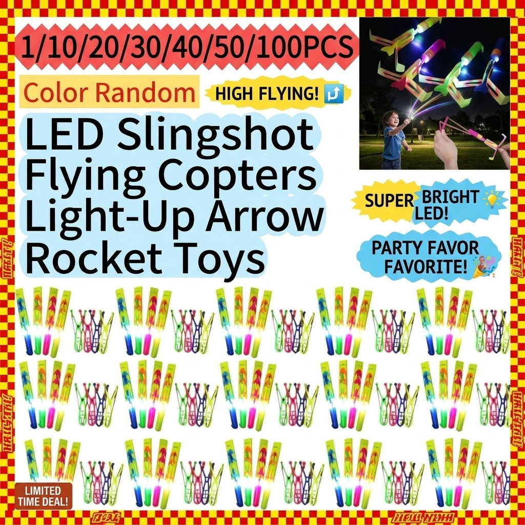 1/10/20/30/40/50/100PCS LED Slingshot Flying Copters Light-Up Arrow Rocket Toys Outdoor Party Favors Glow in The Dark Helicopter