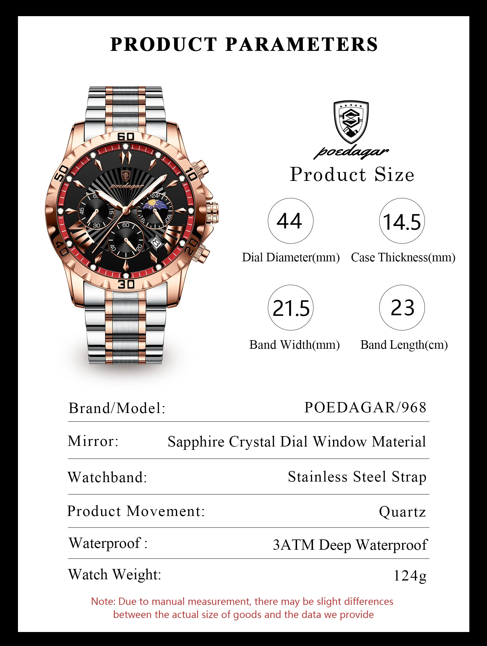 POEDAGAR Top-Luxus-Herrenuhr, Leuchtend, Wasserdicht, Edelstahl, Quarz, Chronograph, Datum, Militäruhr für Herren – Detail 9