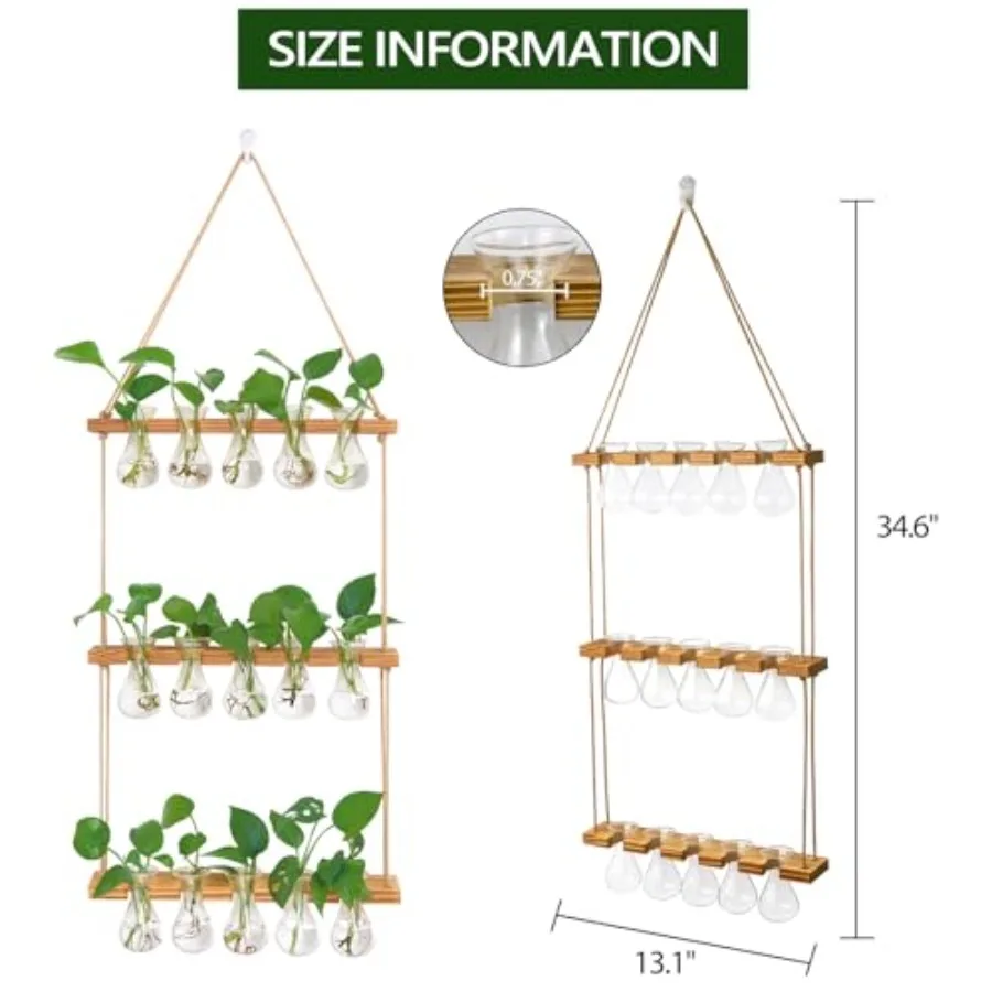 Wall Hanging Propagation Station with Wooden Stand 5 Bulb Vase 3 Tiers Planters Wall Terrarium for Home Office Plant Hanger Flo