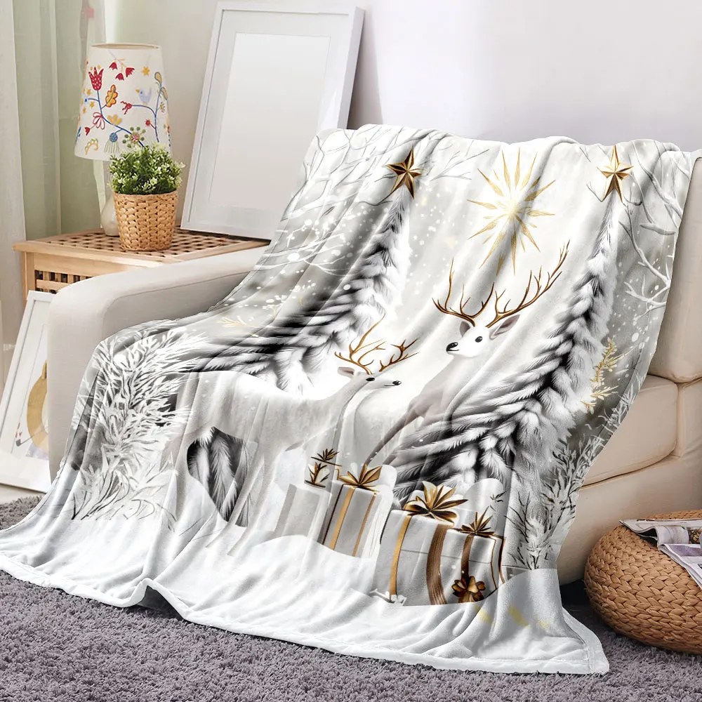 Christmas Winter Wonderland Blanket - Featuring Two White Deer with Golden Antlers, Snow-Covered Evergreens, Golden Sunburst & G