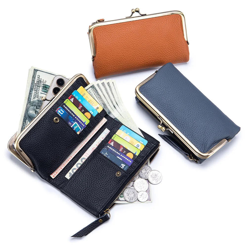 

Длинный кошелек из натуральной кожи в японском стиле с текстурой личи, брендовая сумка для денег Kiss-Lock, большая вместительная женская ручная сумка-клатч