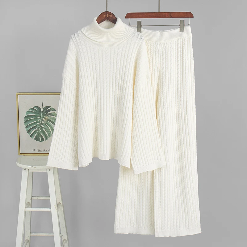 Tauxy moda malha torção terno feminino sólido manga longa pulôver elástico camisola calças compridas casual solto ternos femininos