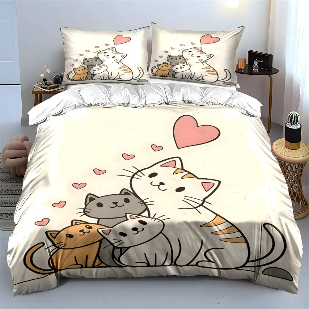 Cozy cat family with hearts Printed Duvet Cover Set 1 Duvet Cover+2 Pillowcase Multi Size Bedroom Bedding Decoration