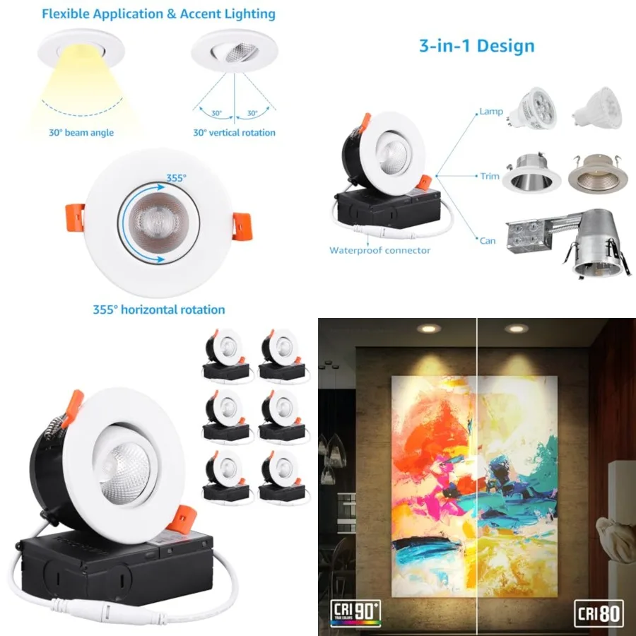 3 Inch Gimbal LED Recessed Light with Junction Box, CRI 90+ Dimmable Swivel Adjustable Eyeball Downlight, 7W 50W Eqv.,Canless L