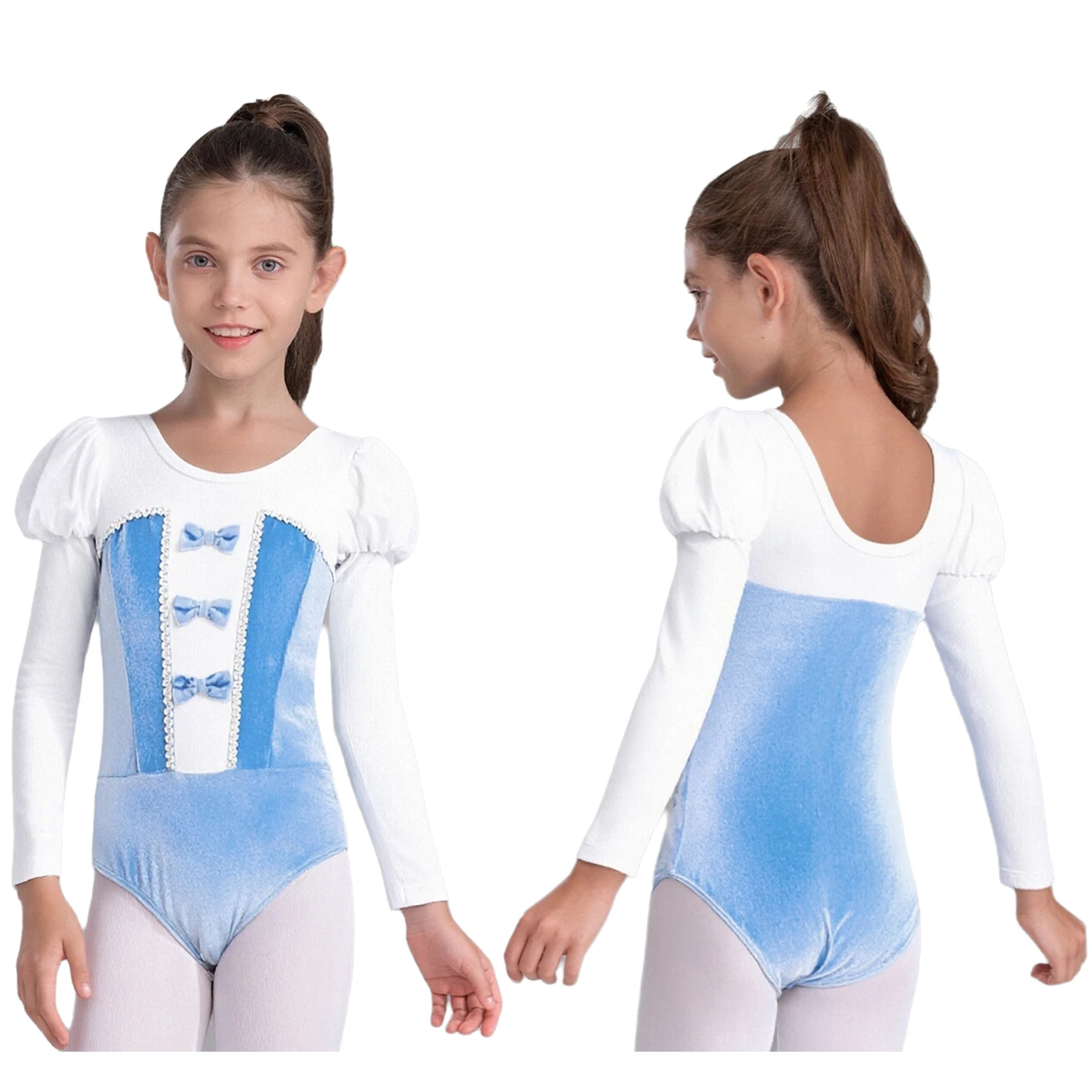 أطفال بنات Bowknot الباليه الرقص الجمباز يوتار نفخة طويلة الأكمام المخملية المرقعة ارتداءها راقصة الباليه ازياء Dancewear