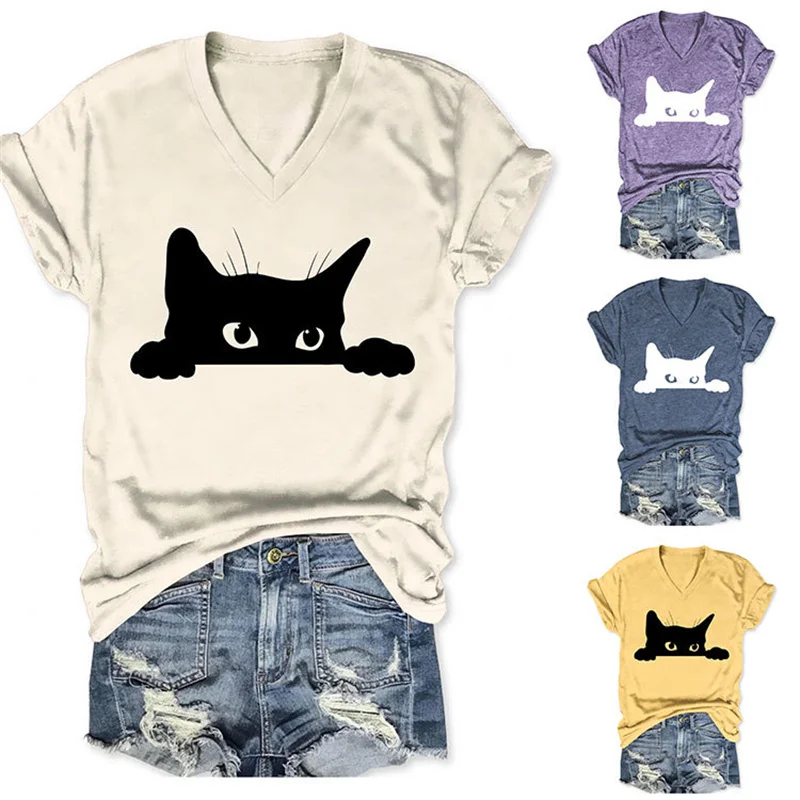 Nuova estate cotone donna carino testa di gatto stampa semplice moda retrò scollo a v donna t-shirt allentata manica corta