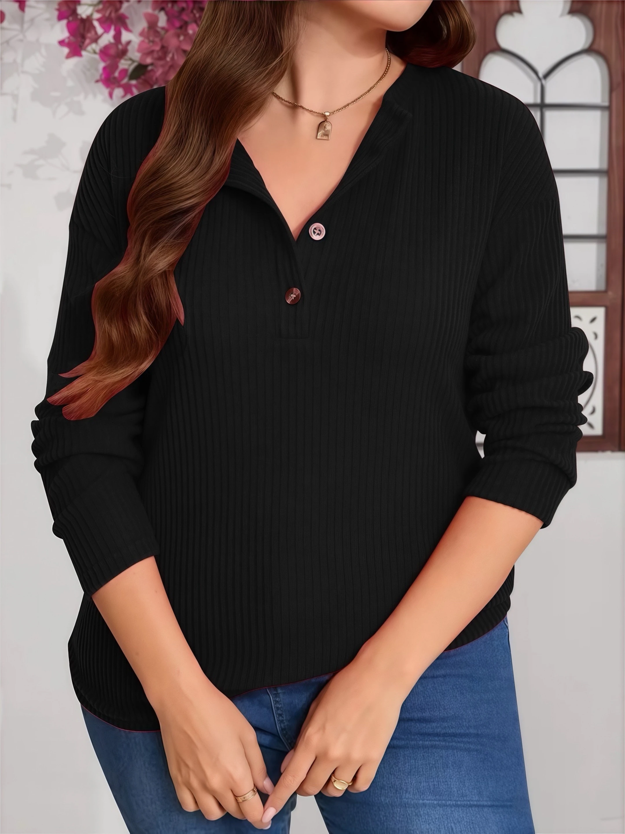 

Plus Size Women's Knit Top with Button Detail - Long Sleeve Round Neck T-Shirt Style