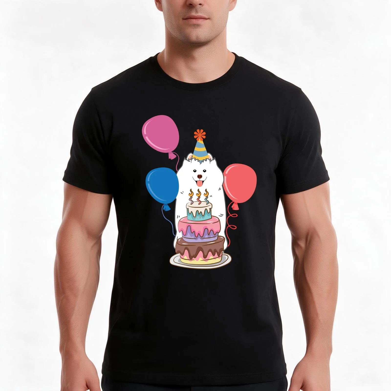 Happy Birthday Samoyed T-Shirt, Summer Casual Cotton Tee, Oversized Streetwear Tops, Vintage Graphic Print, Unisex Men Women