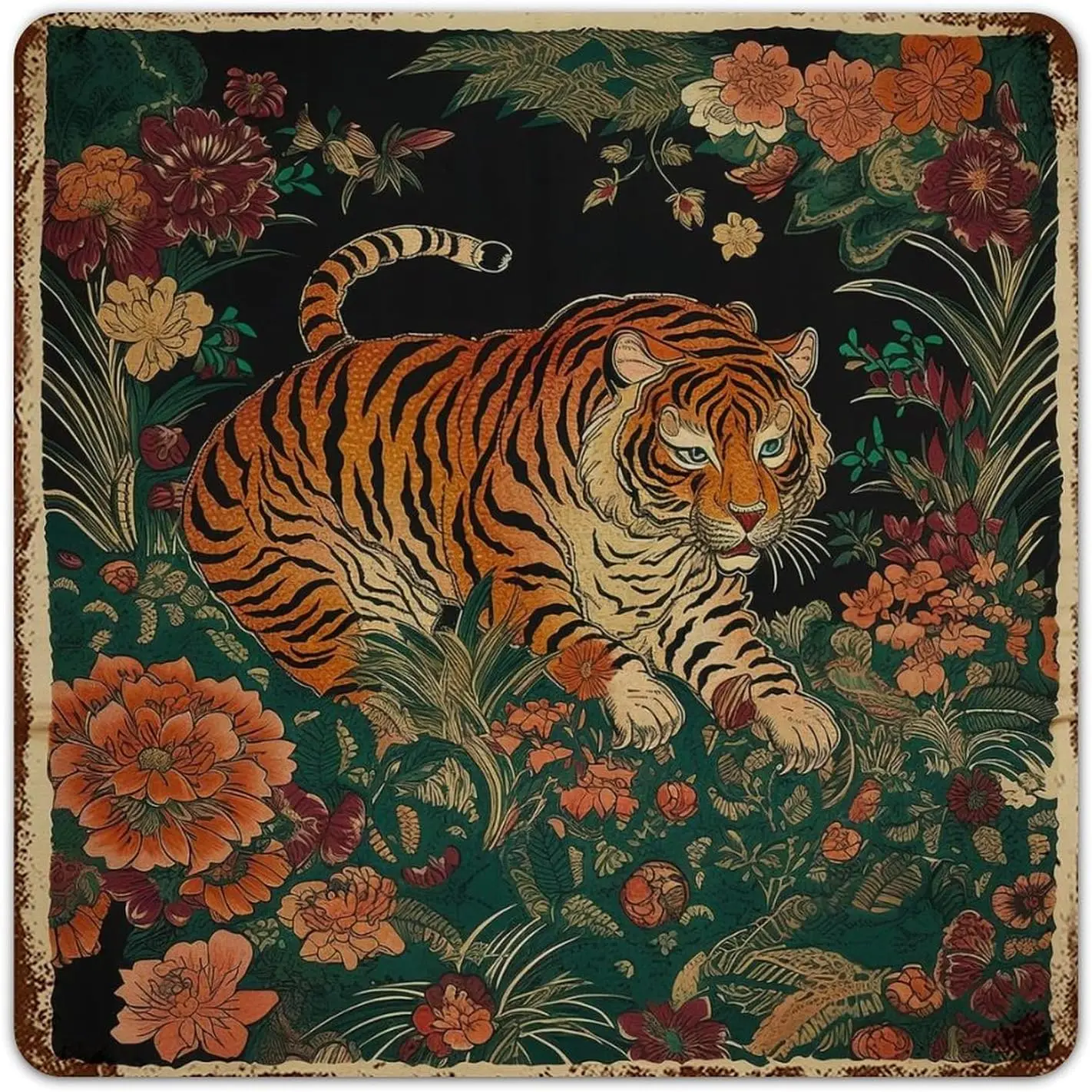 Tiger Chinoiserie Animal Stripe Colorful Rustic Metal Signs Outdoor Fashion Chic Coffee Bar Signs Cheetahs Wild Leopards Wall De
