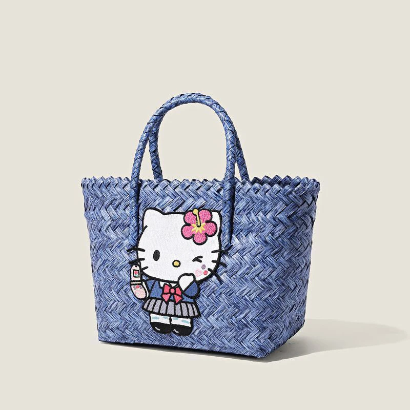 

Kawaii Sanrio Hello Kitty Hand Bag Cute Embroidery Kitten Handmade Weaving Beach Holiday Bag Dressy Hundred Large Capacity Bags