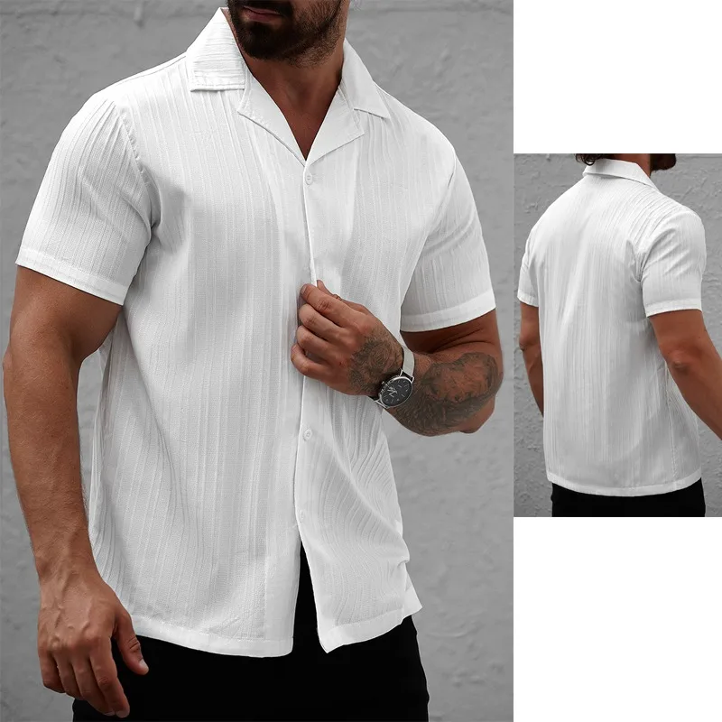 

"2025 Men's Casual Short Sleeve Lapel Cardigan Shirt Solid Color Summer Fashion"