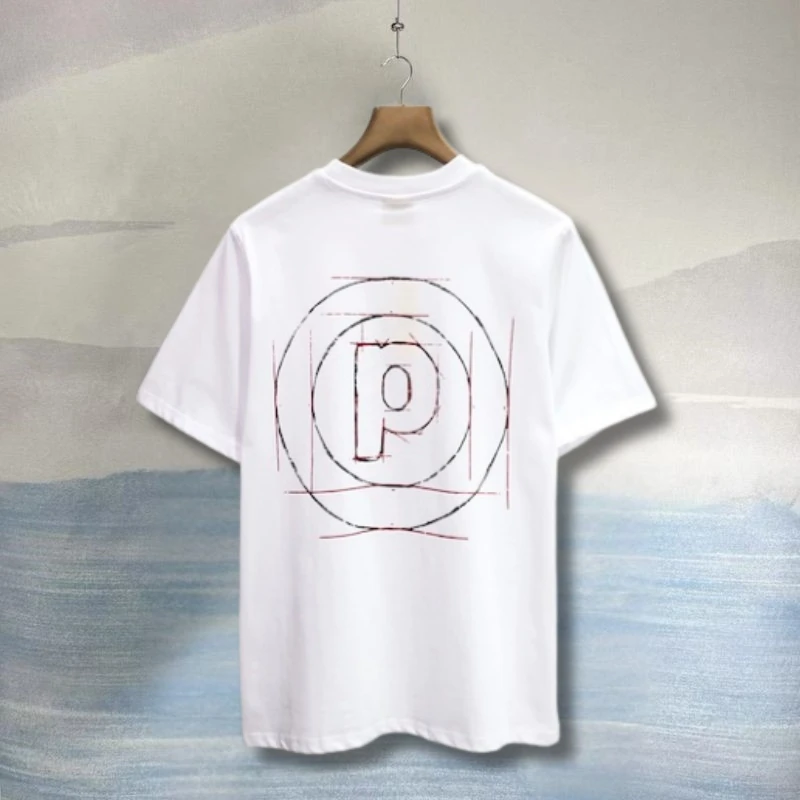 High Quality Breathable Cotton White Protect Tshirt Auxiliary Line Geometric Letter Print Round Neck Short Sleeve Men Women Tees