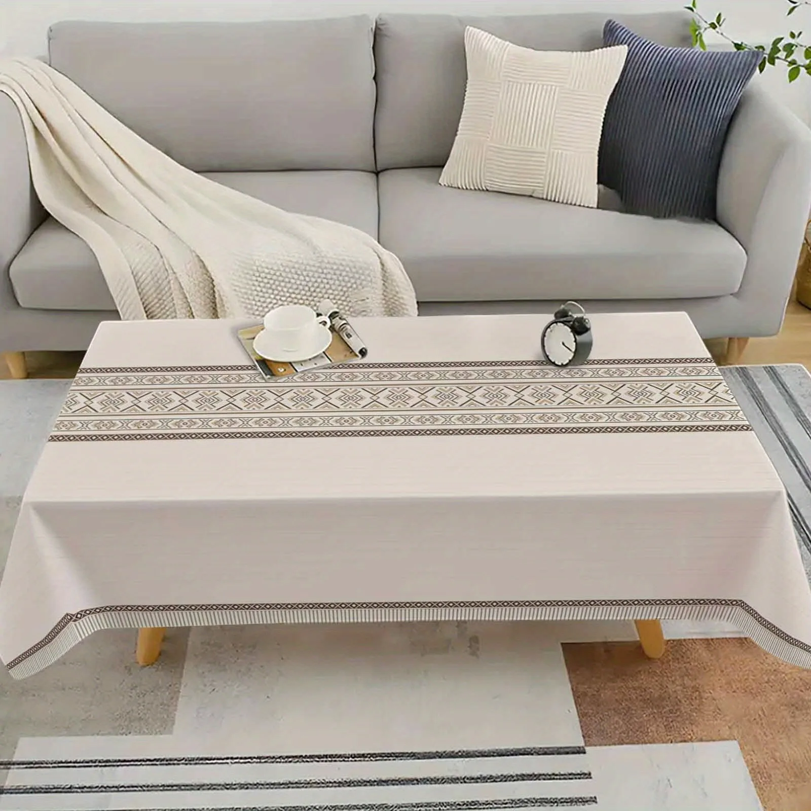 1pc Elegant Geometric Tribe Style Tablecloth - Durable polyester tablecloth, beige and white rectangleszyc