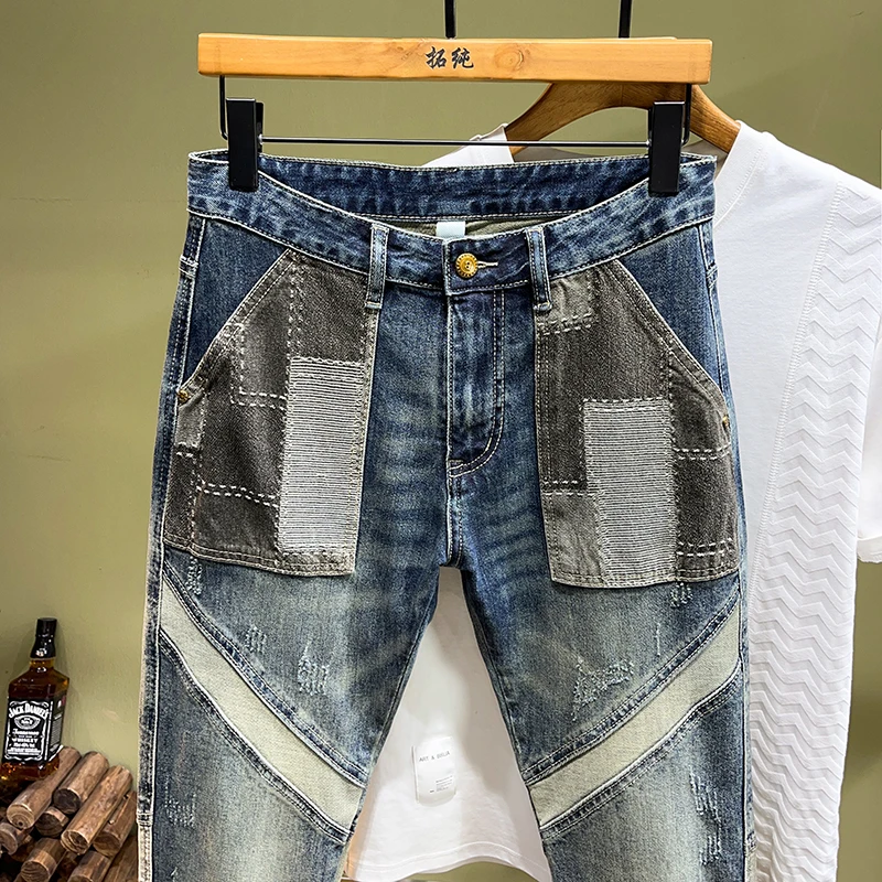 Personalized fashion street splicing patch biker men's jeans trendy casual retro stretch slim tight men's pants