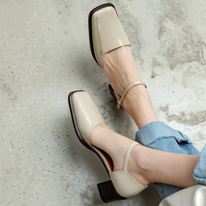 NEW Spring/Autumn Women Sandals Square Toe Chunky Heel Shoes Split Leather Shoes for Women Concise Cover Toe/Heel Women Shoes