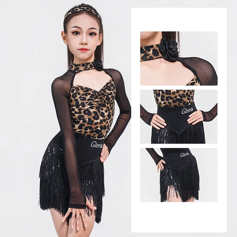New Latin Dance Dress for Girls Autumn Fake Two Piece Mesh Sleeve Top and Half Skirt Professional Training Dance Costumes