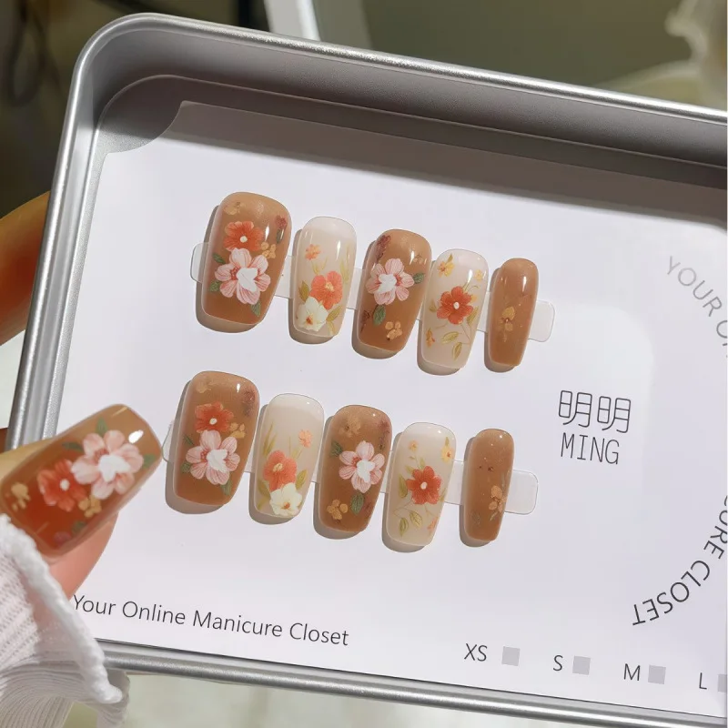 

10pcs Handmade Press on Nails Ancient Pastoral Flower Oil Painting False Nail for Women&Girl Short Removable Wearable Fake Nail