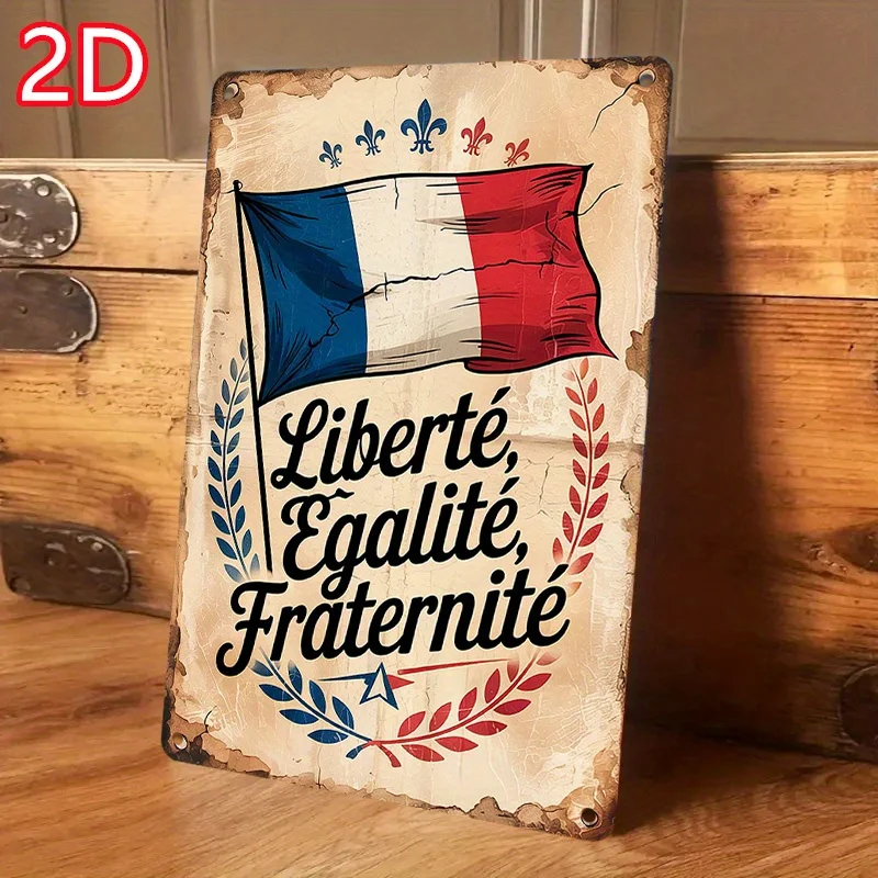 Décoration murale en métal 2D plate, drapeau français vintage - Décor en fer rustique vieilli avec Liberté, Égalité, Fraternité et Fleur-de-lis