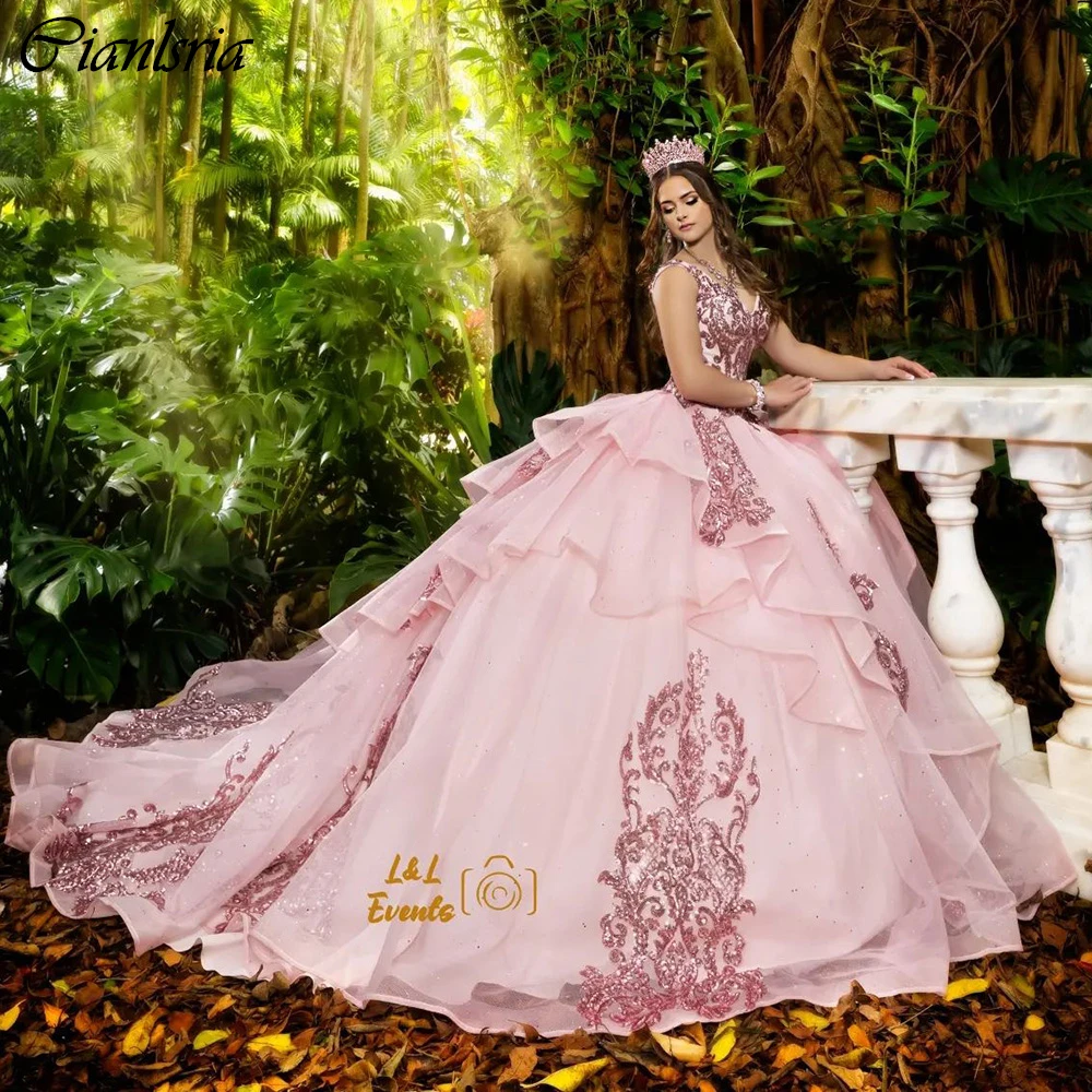 Vestido De baile rosa con hombros descubiertos para quinceañera, vestido De quinceañera con apliques De lentejuelas, corsé con volantes De encaje, 15 Años