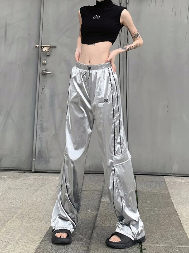 Silver Streetwear Women Pants Loose Y2k Clothes High Waist Trousers Pocket Pantalones De Mujer Casual Roupa Feminino Drawstring