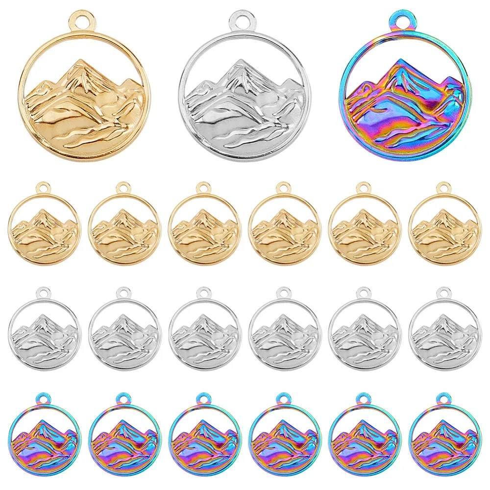 

1box 18pcs 3 colors 304 Stainless Steel Pendants Flat Round with Mountain Charm Mixed color 24x20x3mm Hole: 1.8mm 6pcs/color