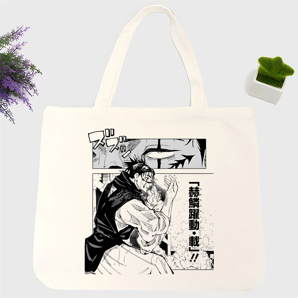 Jujutsu Kaimmense Jsbchoso-Sac en toile imprimé de dessin animé graphique pour femme, initié Harajuku, grande capacité, cuillère à soupe, shopping environnemental