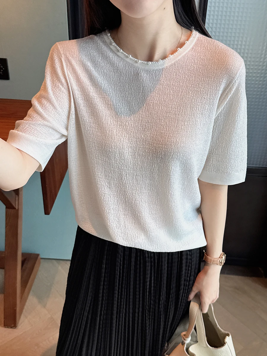 

Spring Freshness Pearled Collar Knitted Wool Sweater Simple Elegant round Neck Design Women's Short Sleeve Knitwear