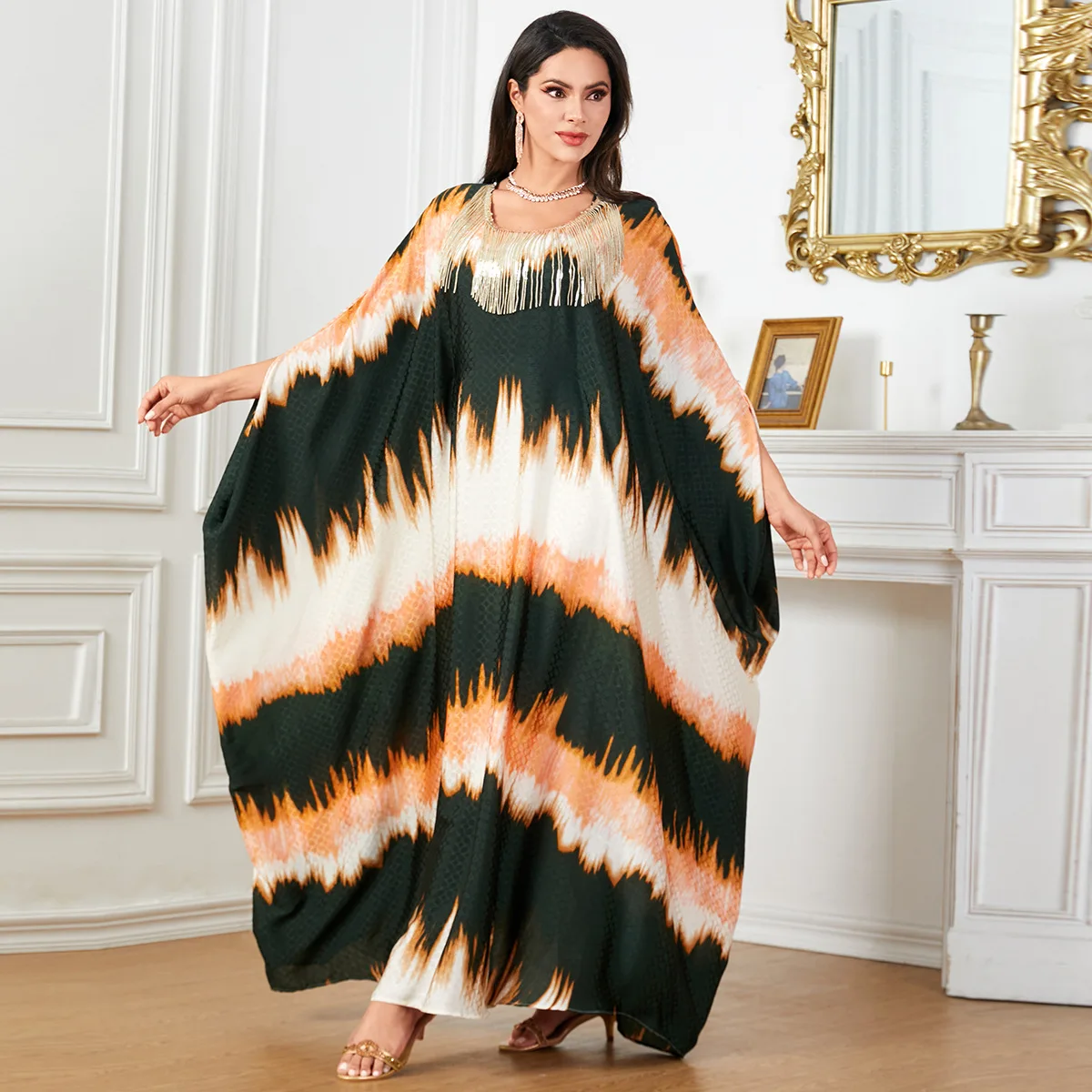 

Ramadan Print Batwing Sleeve Maxi Dress for Women Muslim Abaya Dubai Kaftan Turkey Robe Saudi Arabic Caftan Marocain Femme Gown