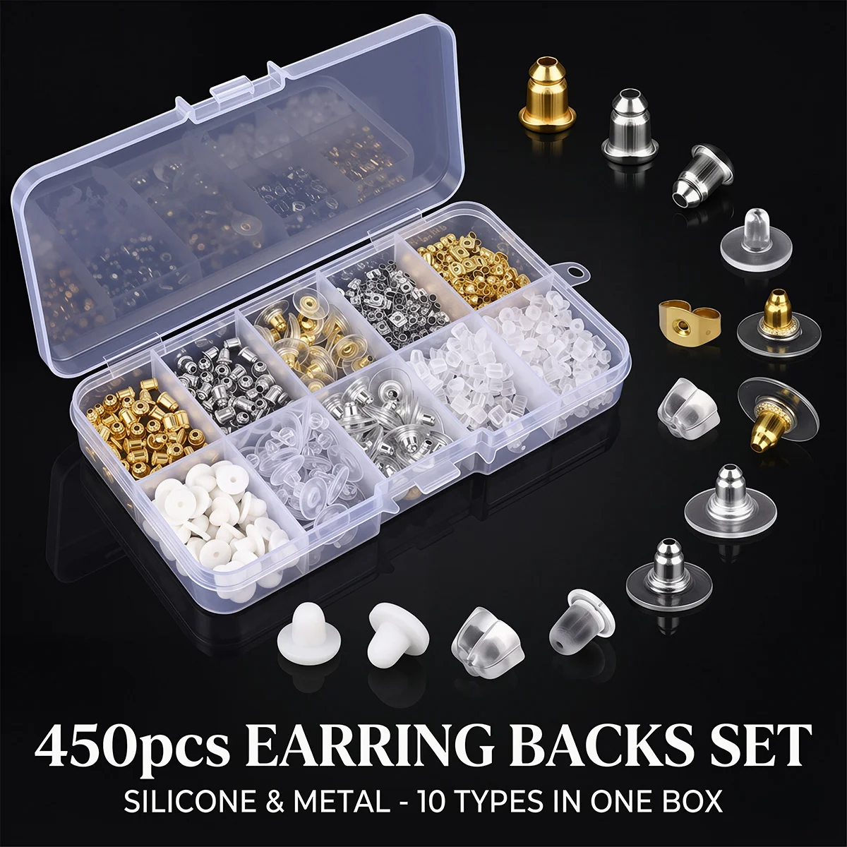 Caixa organizadora de acessórios para brincos DIY (10 divisórias) | 450 peças (tampões, porcas, etc.) - Kit completo para criação de joias