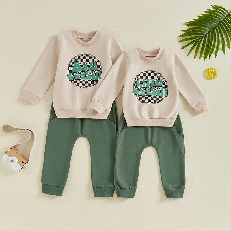 Big Cousin Little Cousin Matching Outfits, Letter Print Long Sleeve Sweatshirt Tops Elastic Waist Pants for Baby Toddler Boys