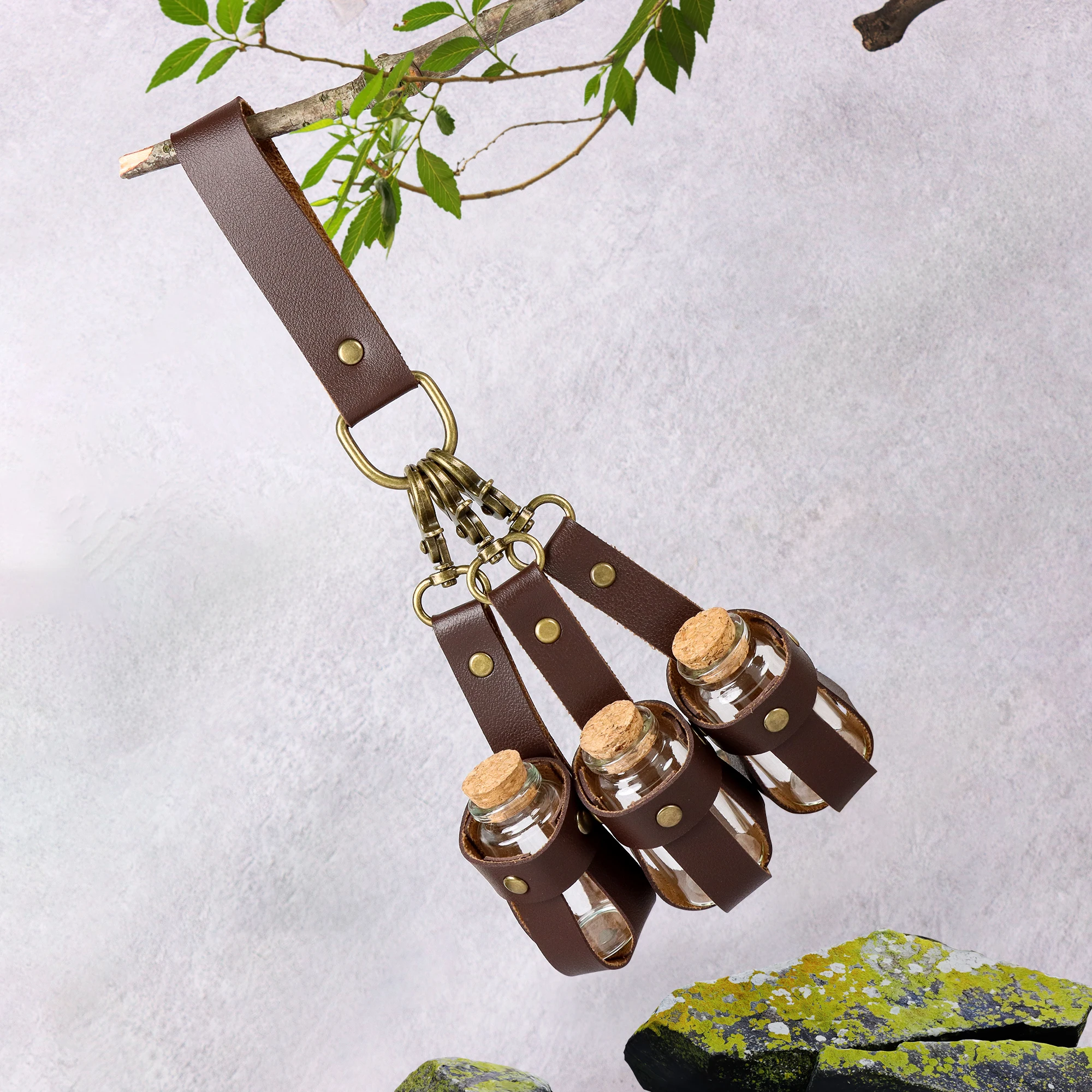 Medieval Alchemy Vials PU Leather Strap with 3 Vials - Faux Potion Bottle Accessory for Renaissance Fairs and Cosplay Belts