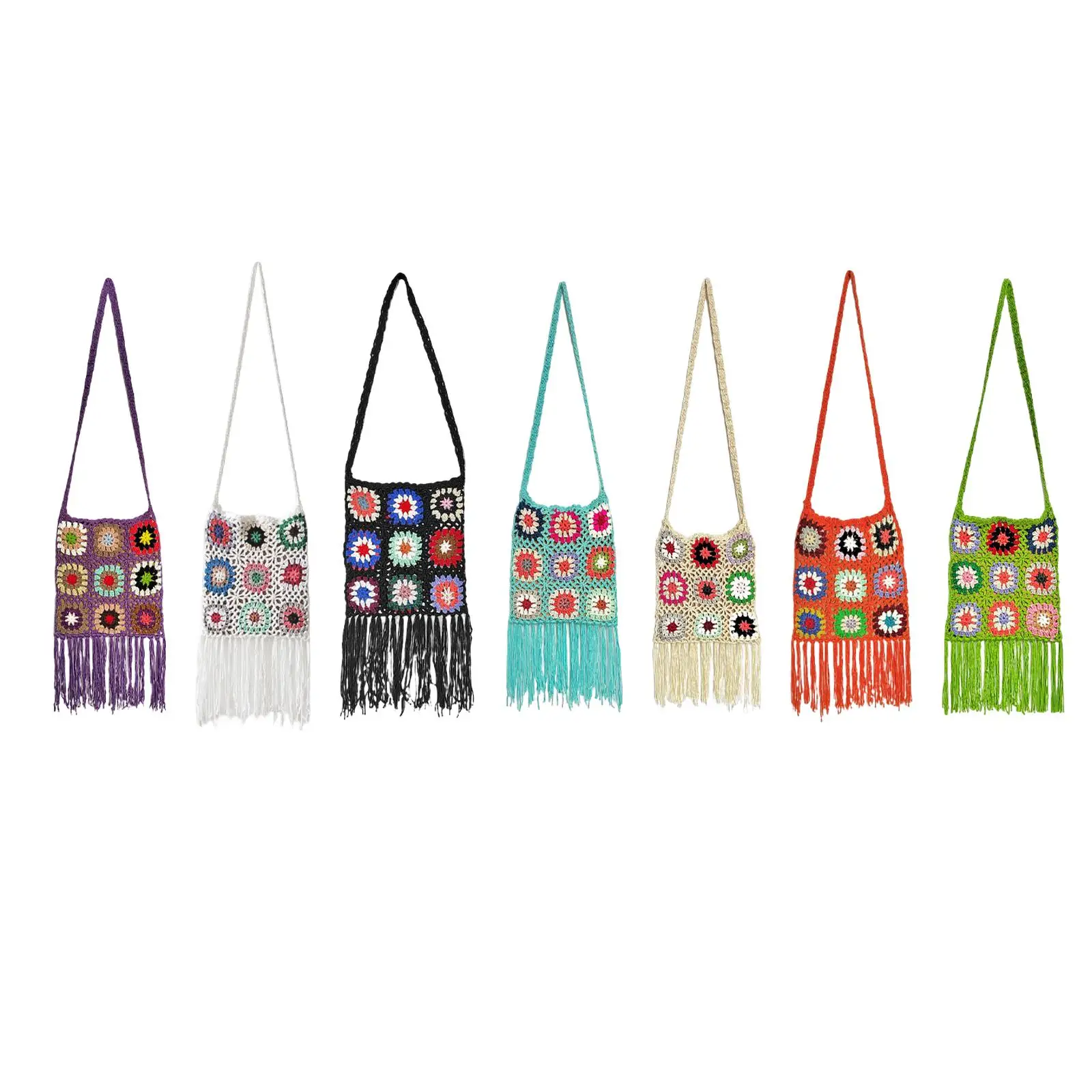 Crochet Shoulder Bag Bohemian Casual Ethnic Style Hollow Out Knitting Bag Handbag Tassel Tote Purse for Summer Travel