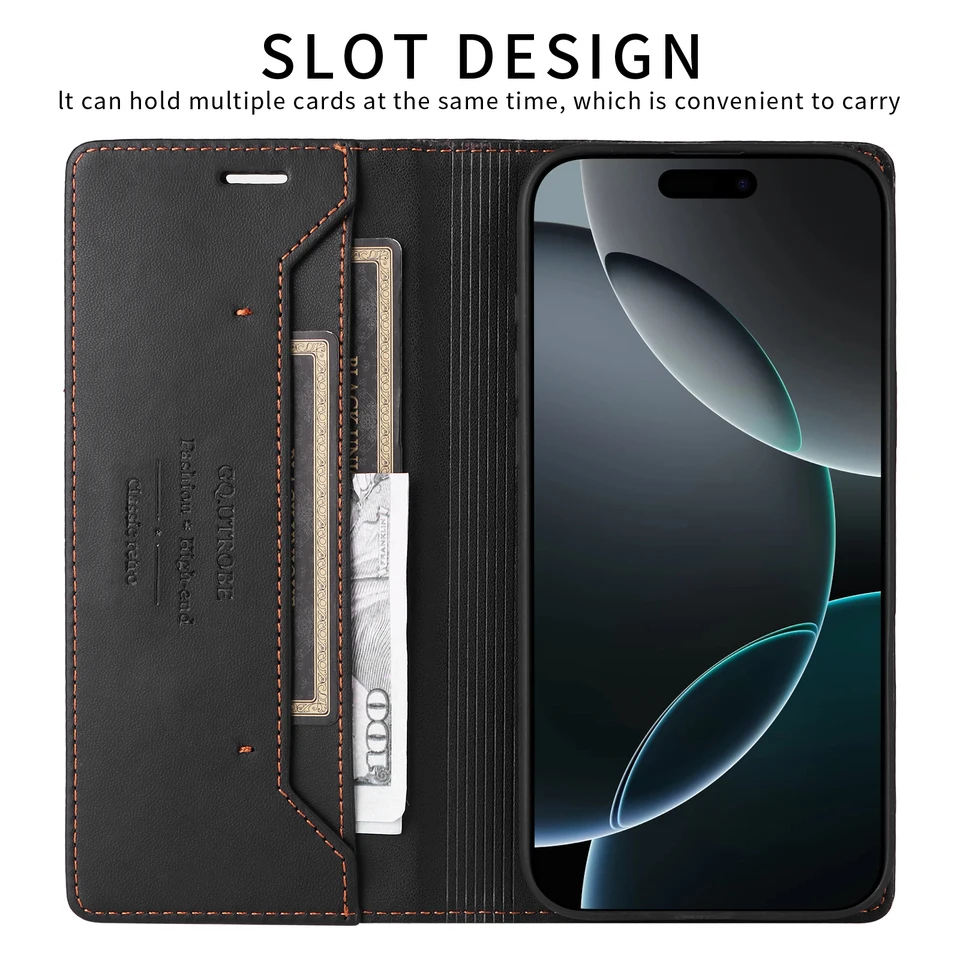 Funda Magnética de Cuero para iPhone 16 15 14 13 12 11 17 Pro Max 17Air 16 15 Plus 16e SE2 SE3 Billetera de Negocios con Ranura para Tarjetas 3