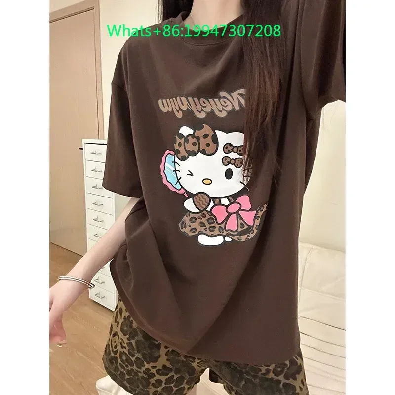 

Summer new brown round neck cartoon Hello Kitty pajamas short sleeves shorts can be worn out loungewear two-piece set