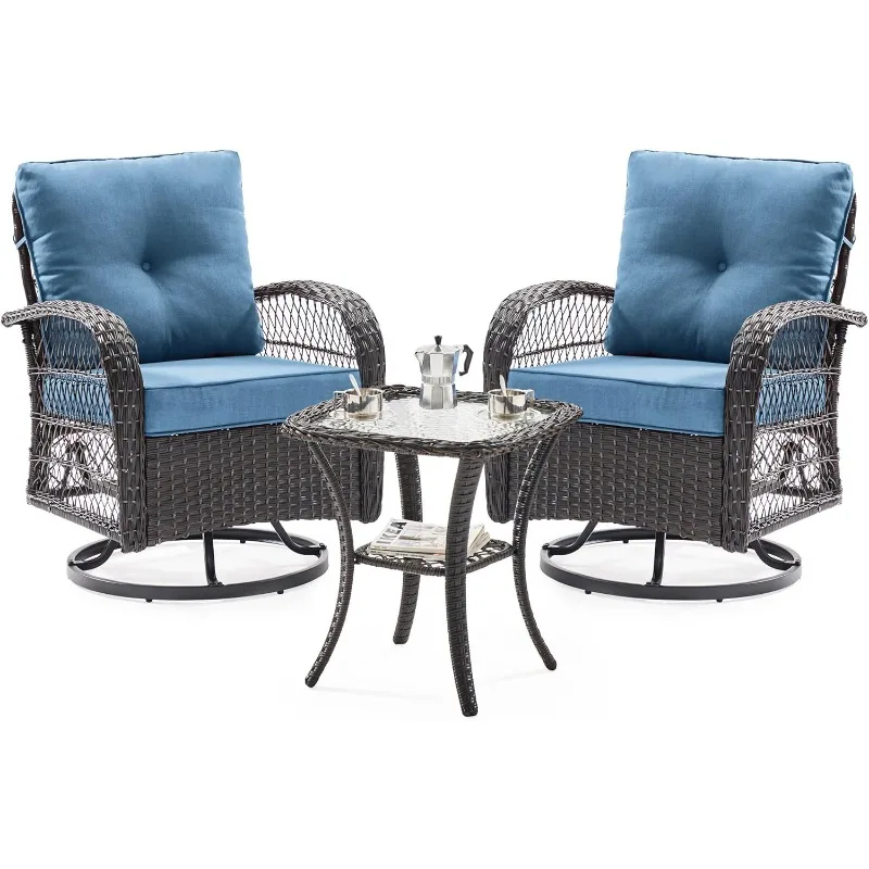 

3 Pieces Patio Furniture Set, Outdoor Swivel Gliders Rocker, Wicker Patio Bistro Set with Rattan Rocking Chair, Glass To