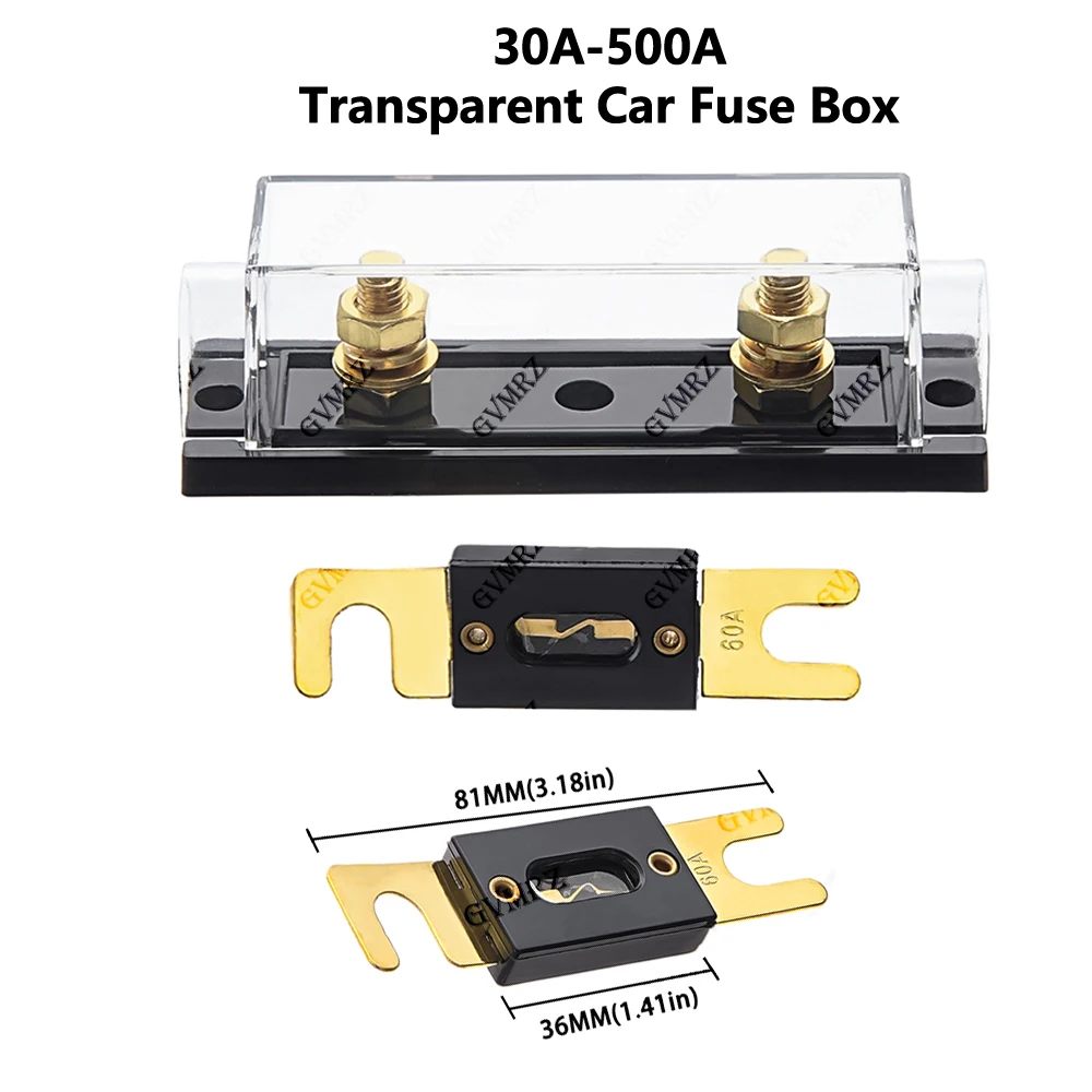 1set ANL-H ANL-B 30A-500A Transparent Car Fuse Box ANL Fuse Holder Distribution in line 0 4 8 GA Positive With ANL Fuse Fusible